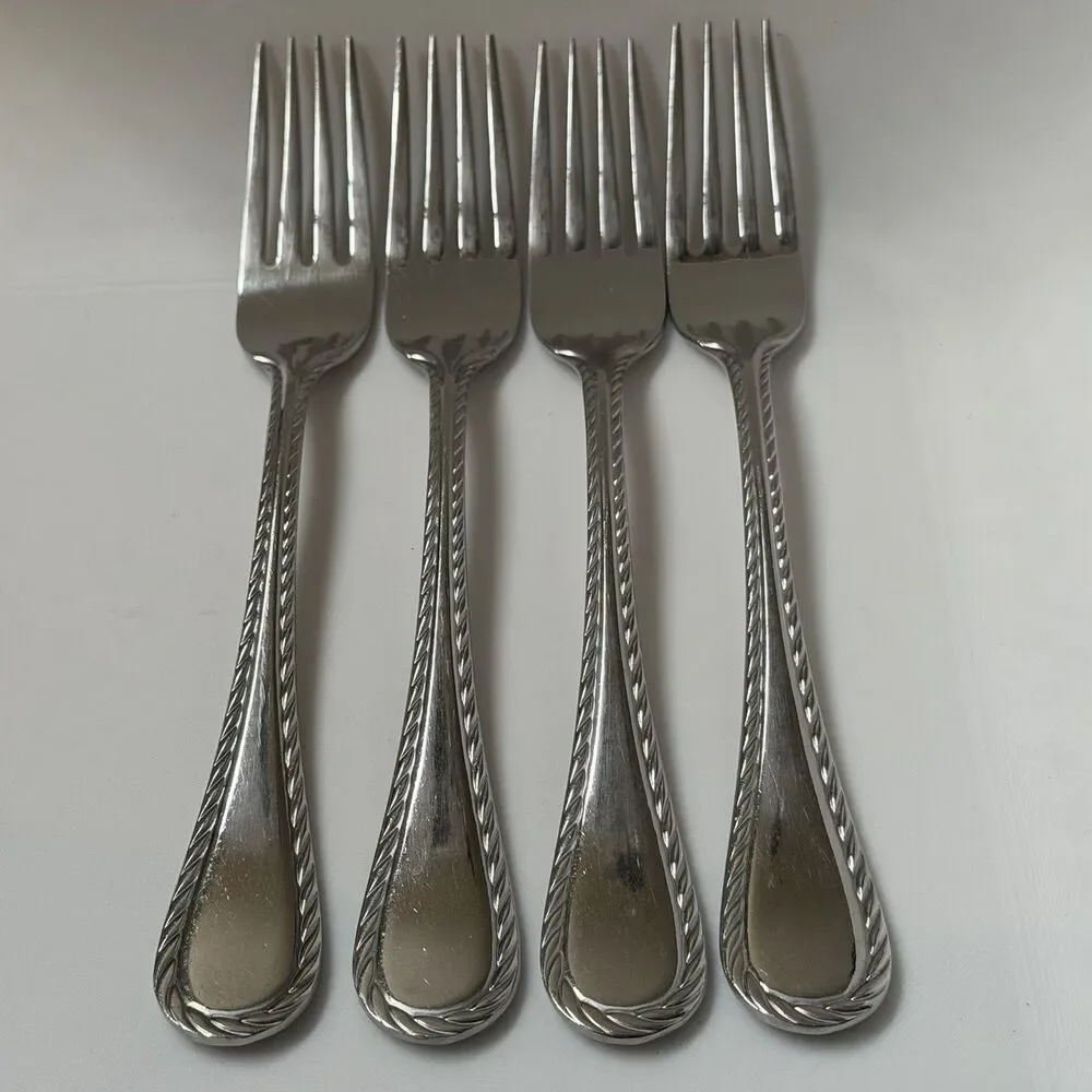 4pc Oneida Belmont-Lyons Dinner Forks 8 1/8” Stainless Glossy Rope Edge China